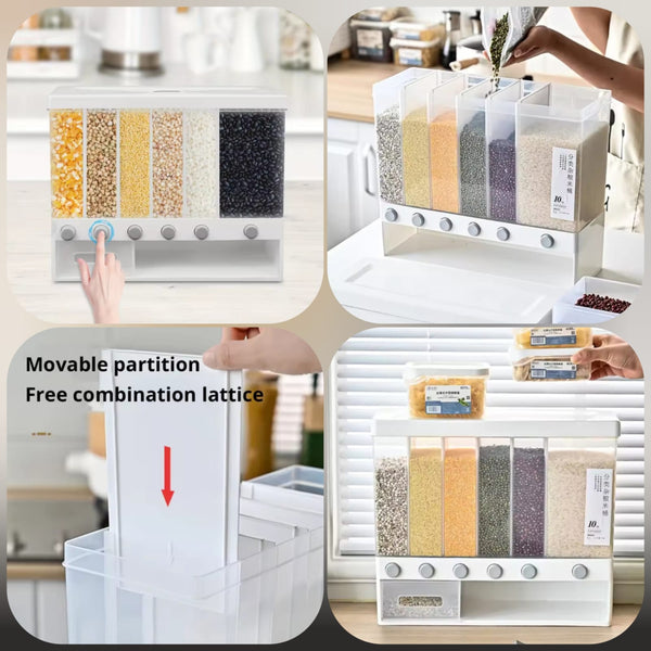 6 in 1 cereal dispenser for kitchen storage and organization with airtight containers for grains, rice, lentils, and dry food